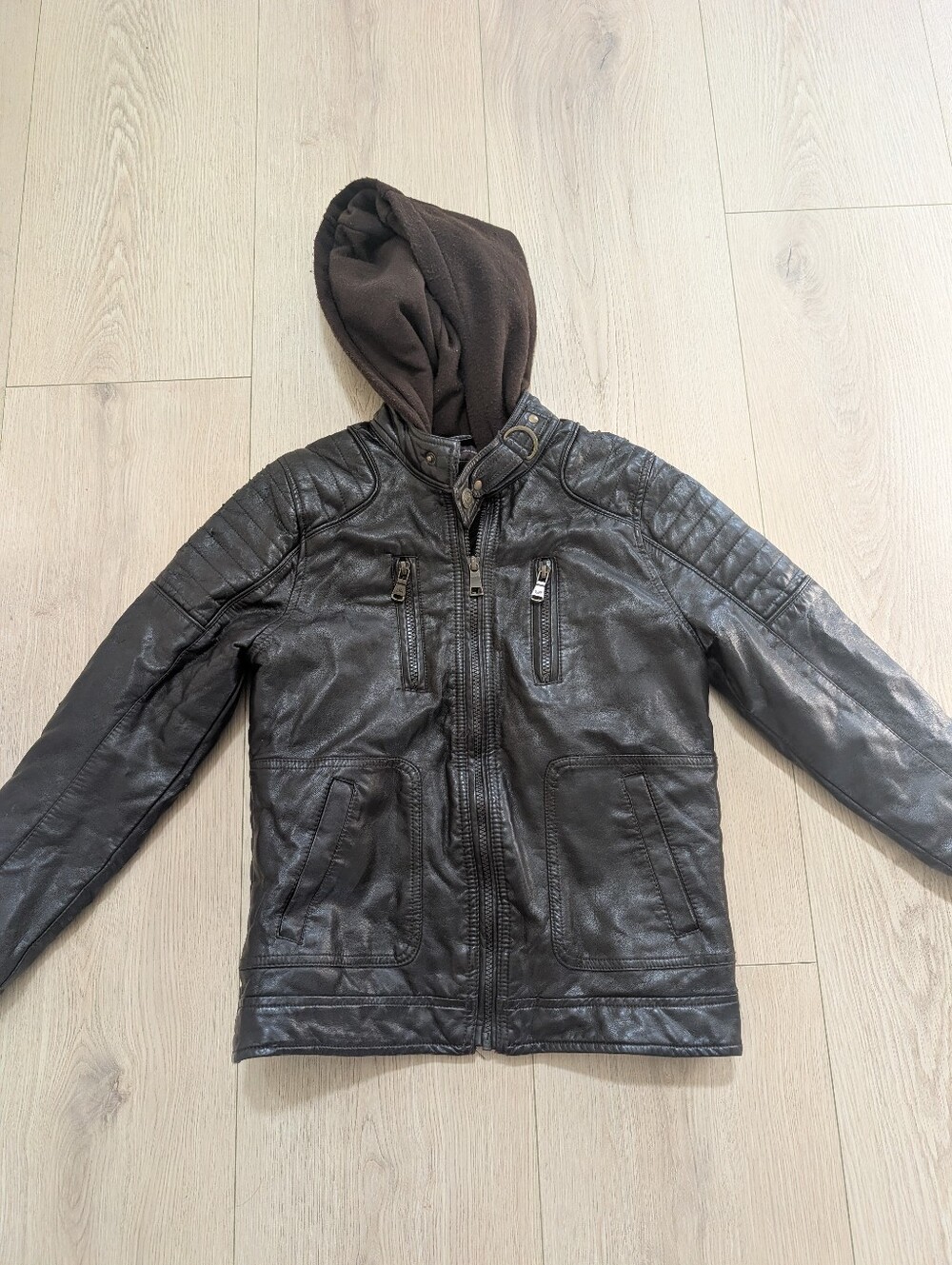 Urban Republic Black Faux-Leather Bomber Jacket with Brown Hood 0251